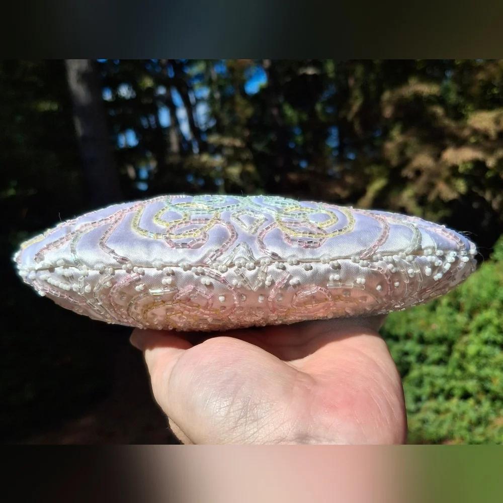 Vintage Magid White Satin & Pastel Rainbow Beaded Clutch Bag